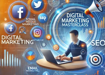 DALL·E 2025-03-16 11.10.14 - A professional and vibrant thumbnail for a Digital Marketing course. The image features a person working on a laptop, with digital marketing icons suc