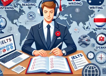 DALL·E 2025-03-16 11.12.59 - A professional and clean thumbnail for an IELTS preparation course. The image features an open book, a checklist with 'Listening, Reading, Writing, Sp