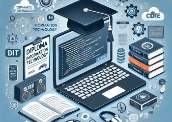 DALL·E 2025-03-16 11.14.30 - A professional and educational thumbnail for a Diploma in Information Technology (DIT) course. The image features a graduation cap on top of a laptop