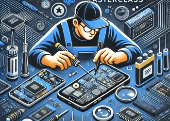 DALL·E 2025-03-16 11.39.00 - A professional and detailed thumbnail for a Mobile Repairing course. The image features a technician working on a smartphone with tools like screwdriv