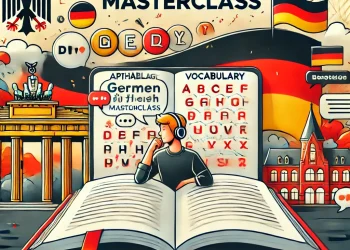 DALL·E 2025-03-16 11.40.03 - A bright and engaging thumbnail for a German Language course. The image features an open book with German alphabets and vocabulary words floating out,