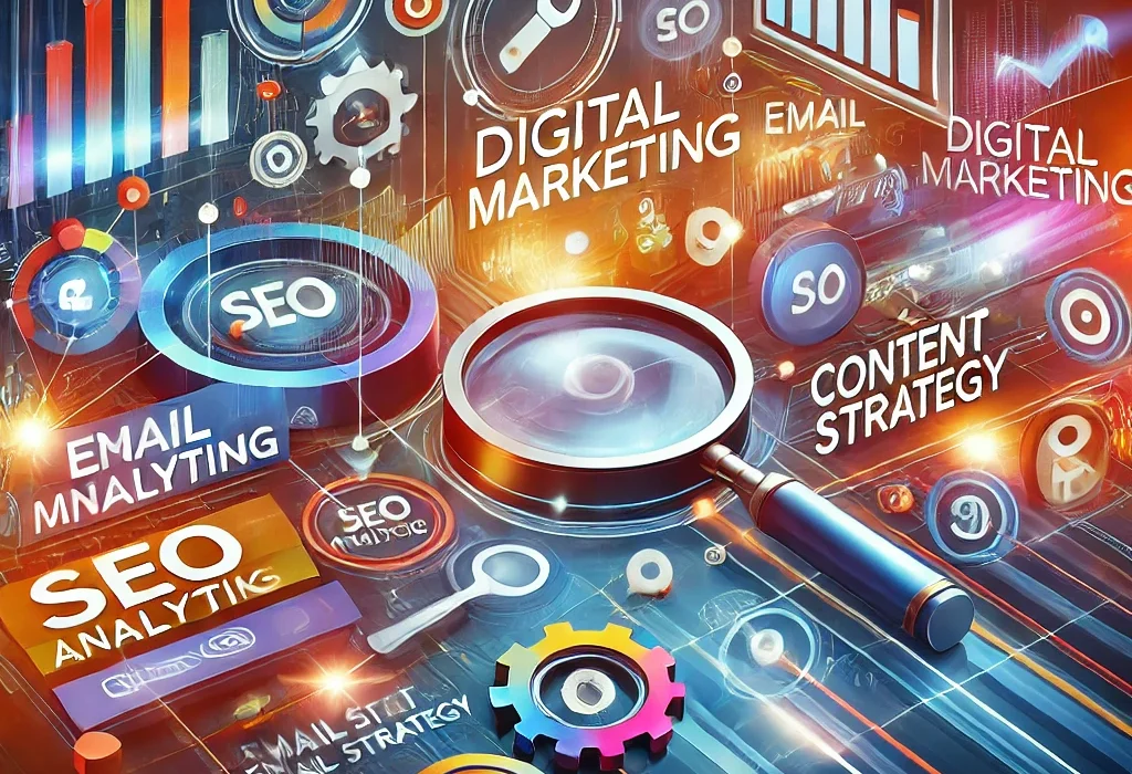 DALL·E 2025-03-18 14.08.21 - A modern and visually appealing digital marketing concept illustration. The image should feature elements like social media icons, SEO analytics, emai